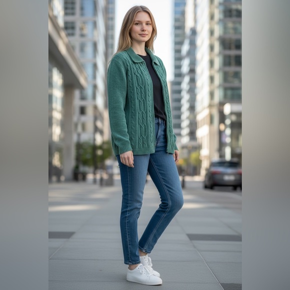 #498!Alfred Dunner Teal Cable Knit Cardigan - Picture 1 of 10